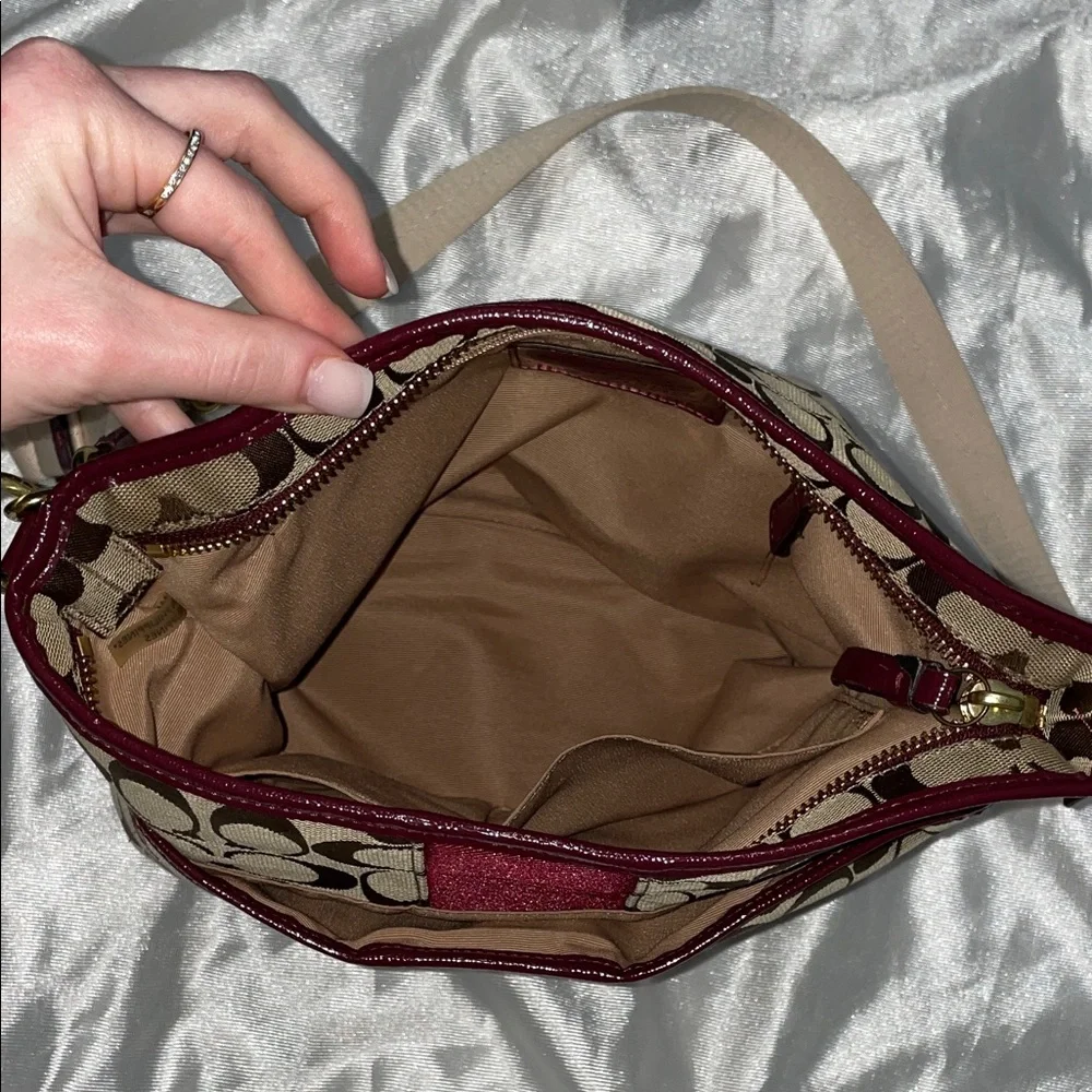 Coach Khaki Signature Crossbody with Burgundy Stripe